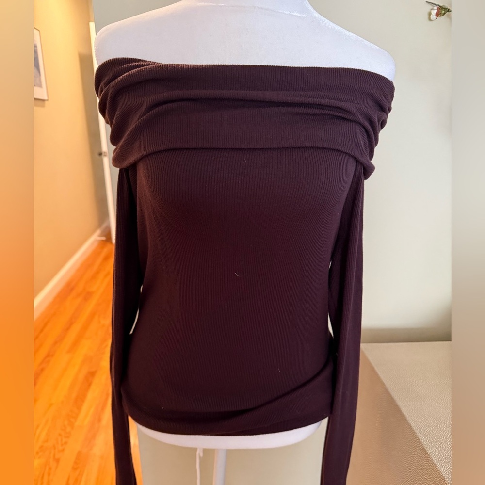 Chic Off-Shoulder Michael Stars Ribbed Top in chocolate Brown